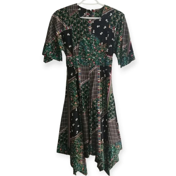 Vintage Union Made USA '70s Plaid and Floral Patchwork Midi Dress Cottage Small - Picture 17 of 17